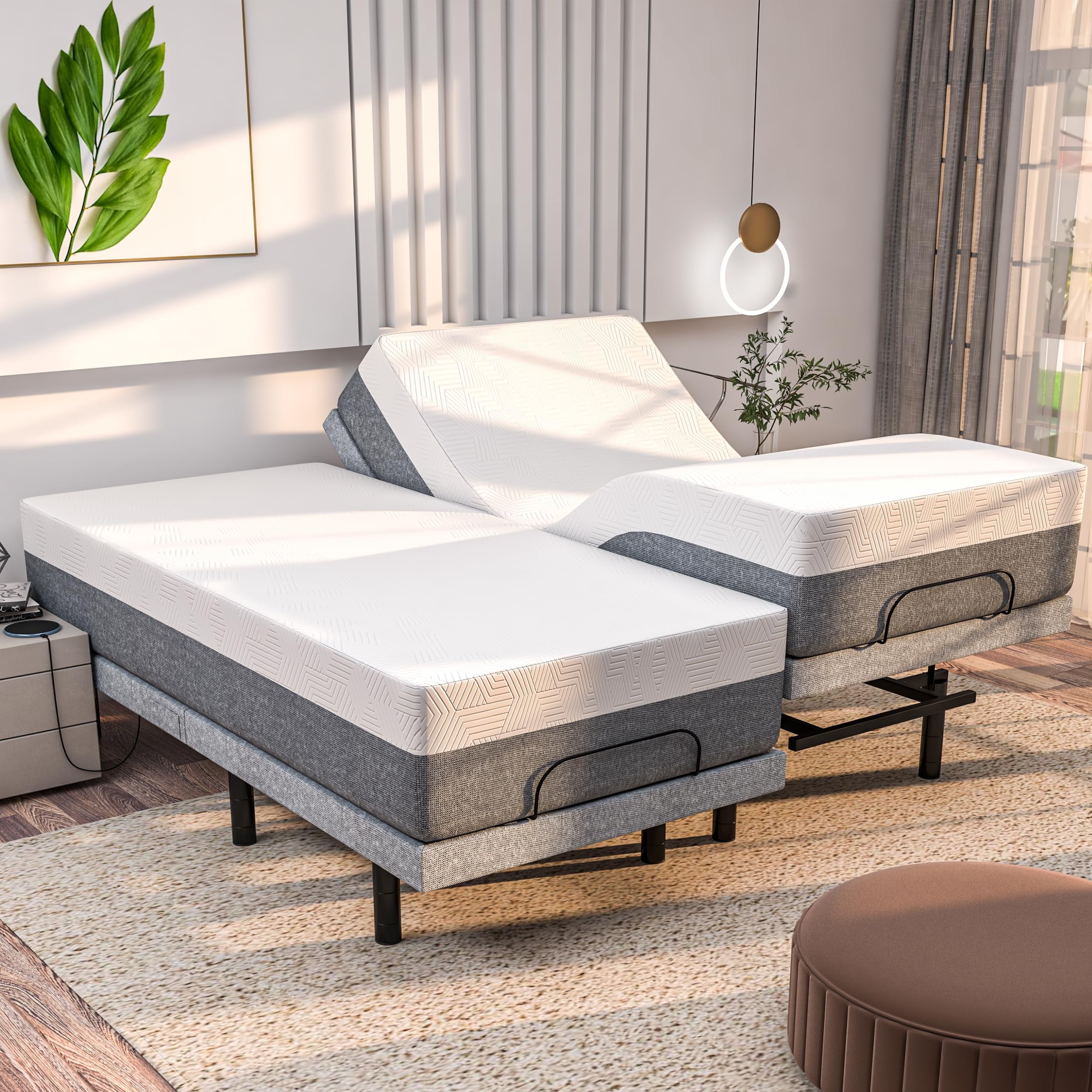 Split King Gray Upholstered Adjustable Bed with Memory Foam Mattress