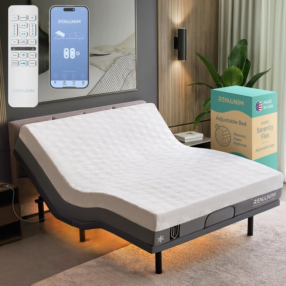 Renanim SFE Adjustable Bed with Massage, Cal King Adjustable Bed Frame - USB, UnderBed Light, Wireless Remote
