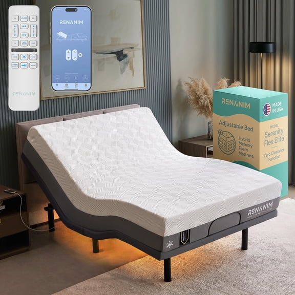 Renanim SFE Full Size Adjustable Bed Frame with Mattress - 14" Hybrid Memory Foam - Zero Clearance, Zero Gravity - Electric Massage, Underbed Lights & 4 USB Ports