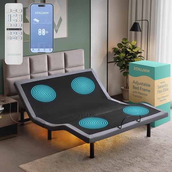 Renanim SFE King Size Adjustable Bed Frame - Zero Clearance Smart Frame, Electric Massage, Wireless Remote for Head & Foot Lift, 3 Height-Adjustable Legs - Zero Gravity, Underbed Lights & 4 USB Ports