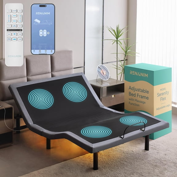 Renanim SF Full Size Adjustable Bed Frame - Smart Frame with Wireless Remote for Head & Foot Incline - Electric Massage - 3 Height-Adjustable Legs - Zero Gravity - Underbed Night Lights & 4 USB Ports