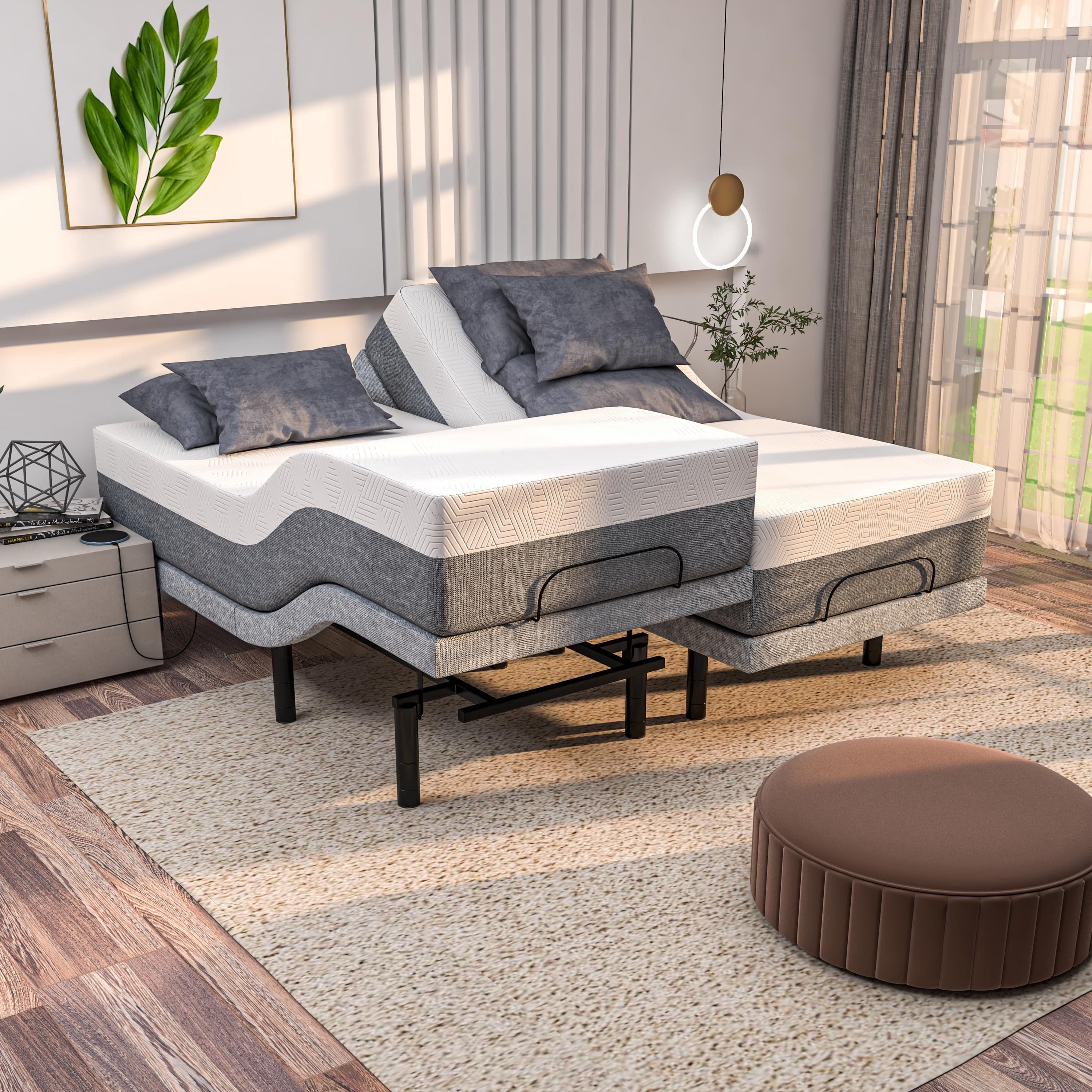 Renanim SF Adjustable Bed Frame with Mattress Included Massage - Split King Adjustable Bed + Medium 12" Mattress - Cooling Gel Memory Foam Mattress, USB, Under Bed Light