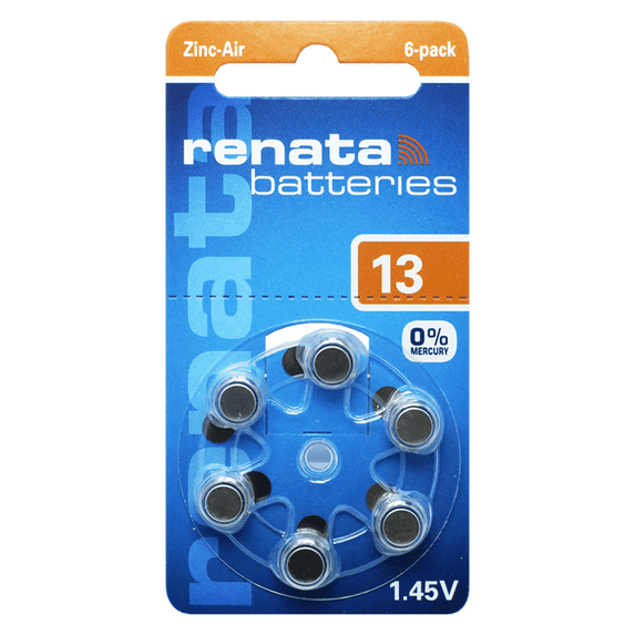 Renata Size 13 Zinc Air 1.45V Hearing Aid Battery (6 Pack)