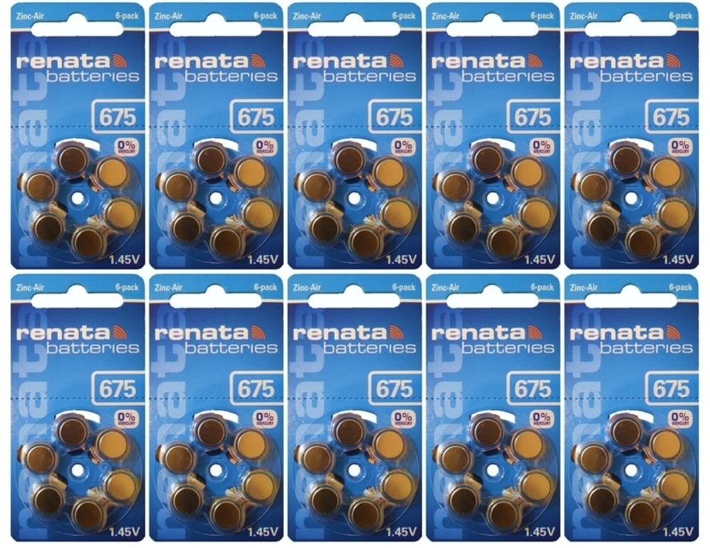 Renata Size 675 0% Mercury Hearing Aid Batteries with Blue Tab Pack of 60
