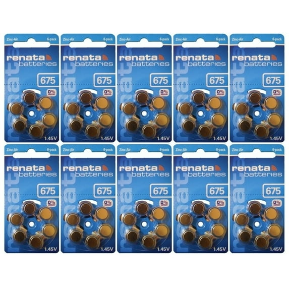 Renata Size 675 0% Mercury Hearing Aid Batteries with Blue Tab Pack of 60