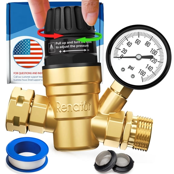Renator RV Water Pressure Regulator for RV Camper. Brass Lead-free Adjustable Water Pressure Regulator with Gauge for Camper Travel Trailer, Reducer Valve W Filter. M33-0660R.