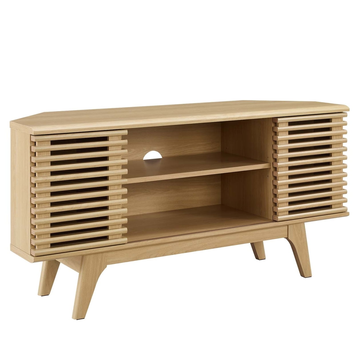 Oak Mid-Century Modern Corner TV Stand with Cabinet