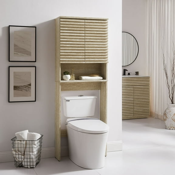 Modway Render Over the Toilet Faux Travertine Bathroom Storage Cabinet in Travertine