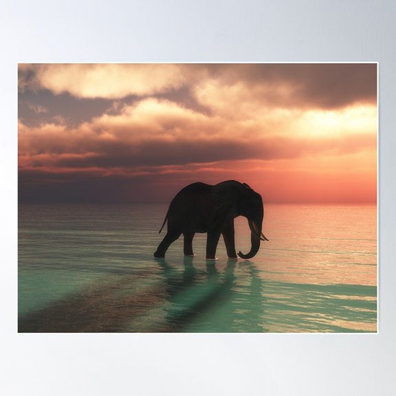 Render Elephant Walking Oceans Gains Sunset Sky Poster Wall Art, Modern Wall Decor For Living Room Bedroom, 8x12 UNFRAMED