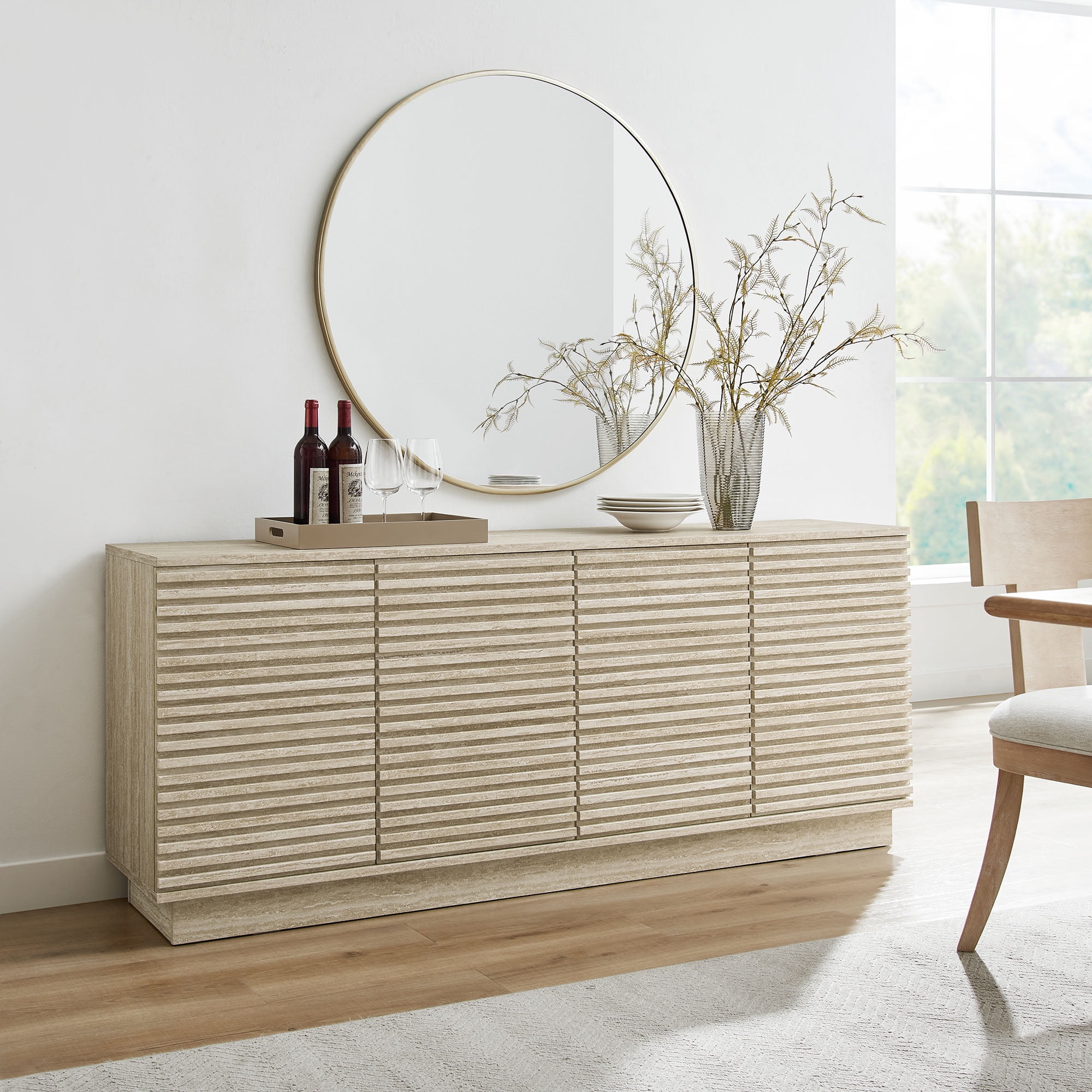 Mid-Century Modern 70" Beige Faux Travertine Sideboard Cabinet