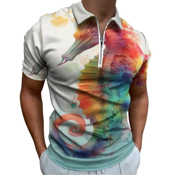 Rendering Seahorse Men Zipper T-shirt Summer Casual Short Sleeve T-shirt Top