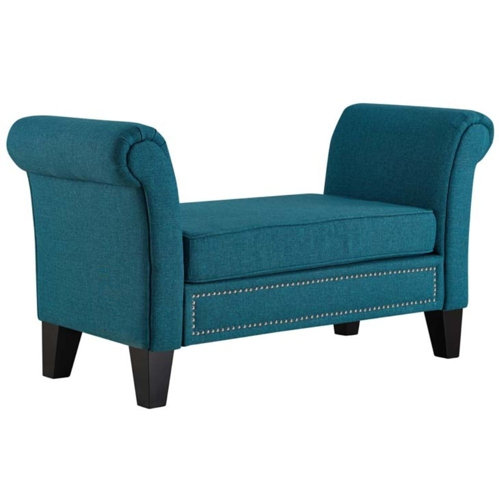 Rendezvous Teal Upholstered Bench with Rolled Arms and Nailhead Trim
