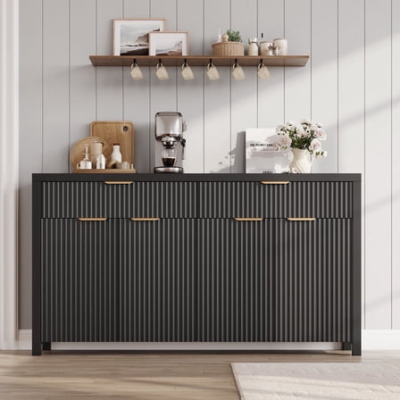 Laintene Sideboard Cabinet, 55" Fluted Buffet Cabinet with Storage Drawers, Accent Storage Cabinet with Adjustable Shelves, Wood TV Stand for Kitchen, Dining Living Room, Entryway, Black