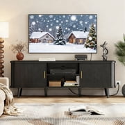Laintene 59" TV Stand with Power Outlet for TVs up to 65 Inch, Entertainment Center with Storage and Adjustable Shelves, Modern Media Console with Sliding Doors for Living Room, Black