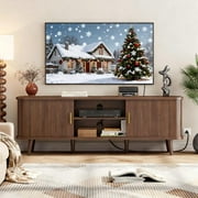Laintene 59" TV Stand with Power Outlet for TVs up to 65 Inch, Entertainment Center with Storage and Adjustable Shelves, Modern Media Console with Sliding Doors for Living Room, Walnut