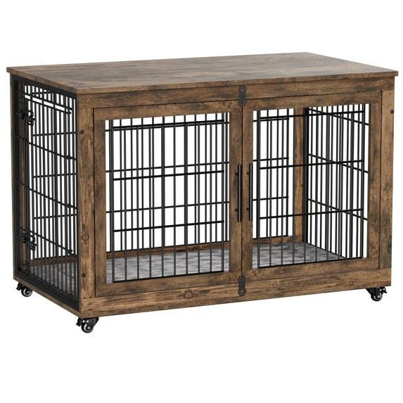 Laintene Wooden Dog Crate Furniture, 44 inch Indoor Dog Kennels with Wheels and Pads, Heavy Duty Large Dog Cage, Double Doors Pet House for XL Dogs, Brown