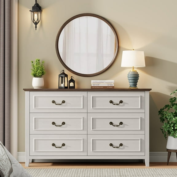 LainTene White Dresser for Bedroom, 47" Farmhouse Dresser with Antique Handles, Vintage 6 Drawers Dresser, Chest of Drawers Storage Cabinet for Living Room, Entryway