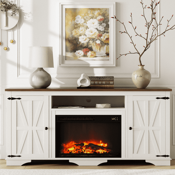 Laintene TV Stand with Fireplace for 65" TV, Electric Fireplace Entertainment Center with Storage Cabinets & Adjustable Shelves, 1400W Heater Farmhouse TV Stand for Living Room, Beige