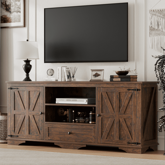 Laintene TV Stands for 65" TV, Entertainment Center with Barn Door, Adjustable Shelves & Storage Cabinets, Solid Wood Media Farmhouse TV Console for Living Room, Brown