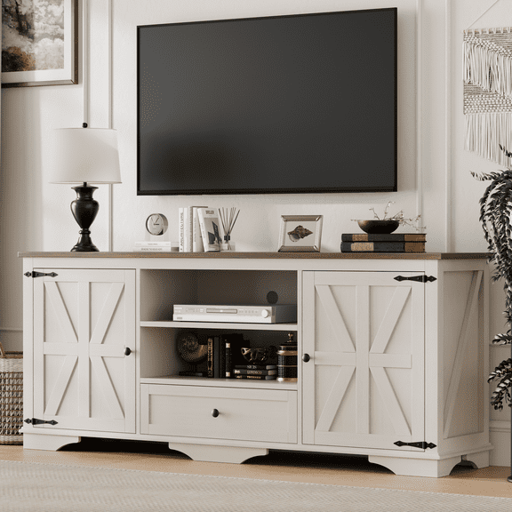 Laintene TV Stands for 65" TV, Entertainment Center with Barn Door, Adjustable Shelves & Storage Cabinets, Solid Wood Media Farmhouse TV Console for Living Room, White