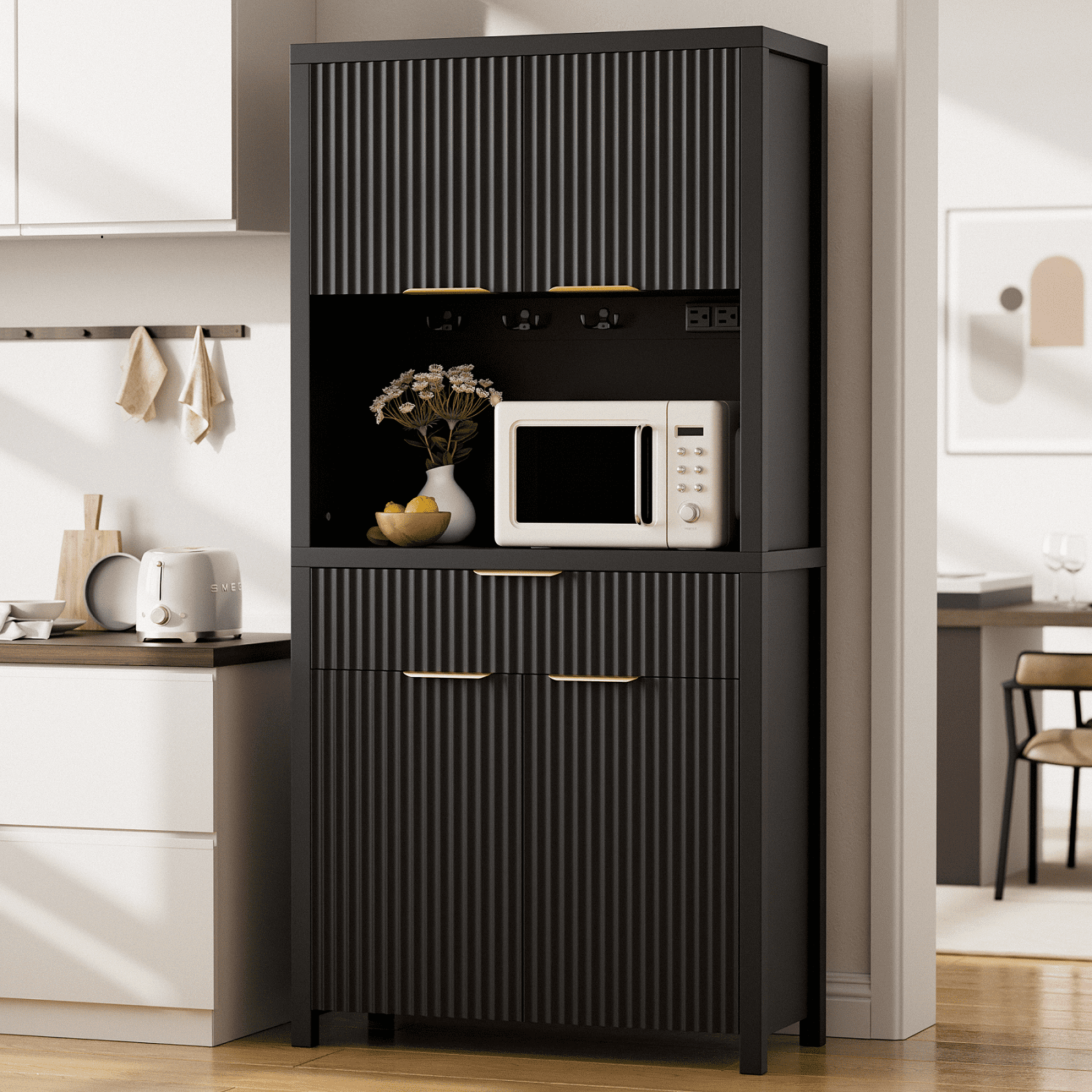 Laintene Fluted Pantry Storage Cabinet, 71" Tall Kitchen Pantry Cabinet with Charging Station, Adjustable Shelves, Drawer and Open Countertop, Wood Hutch for Dining Living Room, Black