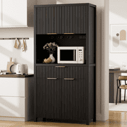 Laintene Fluted Pantry Storage Cabinet, 71 Tall Kitchen Pantry Cabinet with Charging Station, Adjustable Shelves, Drawer and Open Countertop, Wood Hutch for Dining Living Room, Black