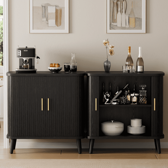 Laintene Sideboard, 31" Buffet Cabinet with 2 Sliding Tambour Doors, Adjustable Shelves for Kitchen Storage Cabinet, Mid-Century Modern Accent Cabinet for Living Room, Black Set of 2