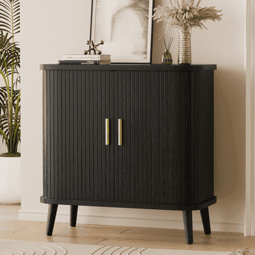 Laintene Sideboard, 30" Buffet Cabinet with 2 Sliding Tambour Doors, Adjustable Shelves for Kitchen Storage Cabinet, Fluted Accent Entryway Cabinet for Living Room, Black