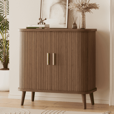 Laintene Sideboard, 30" Buffet Cabinet with 2 Sliding Tambour Doors, Adjustable Shelves for Kitchen Storage Cabinet, Fluted Accent Entryway Cabinet for Living Room, Walnut