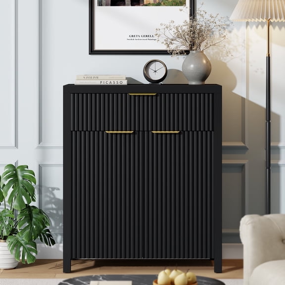 Laintene Sideboard Buffet Cabinet, 28" Storage Cabinet with Fluted Panel Doors and Adjustable Shelf for Living Room, Entryway, Black Cabinet with Drawer