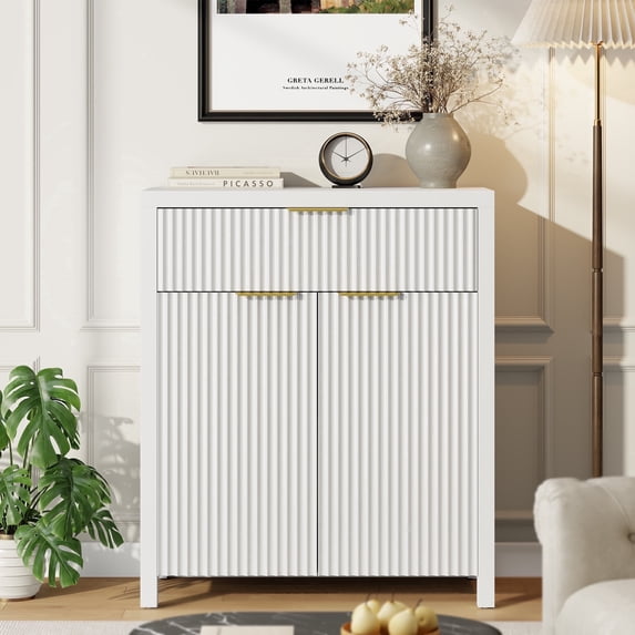Laintene Sideboard Buffet Cabinet, 28" Storage Cabinet with Fluted Panel Doors and Adjustable Shelf for Living Room, Entryway, White Cabinet with Drawer