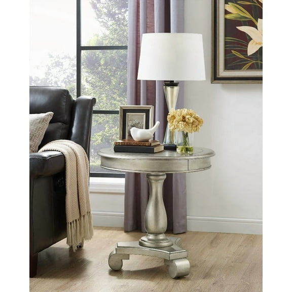 Rene Round Wood Pedestal Side Table in Champagne Finish