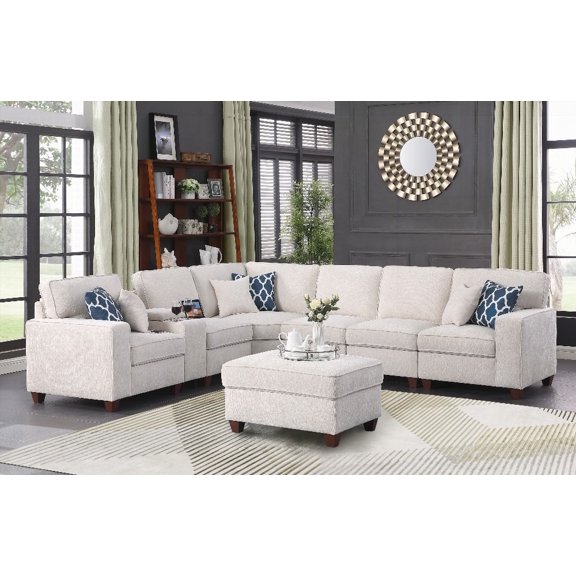 Living Room Modern Sectional Sofa 220cm with Ottoman, Fabric and Comfort