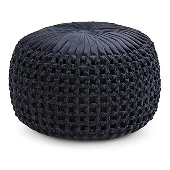 Renee Boho Round Pouf in Navy Velvet Fabric