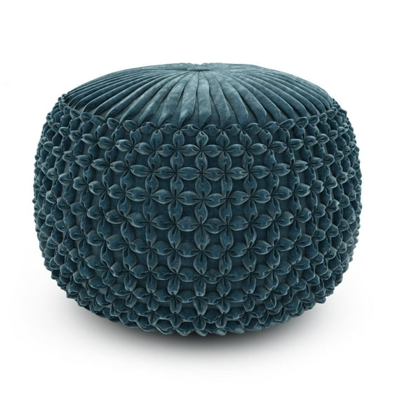 Renee Boho Round Pouf in Teal Velvet Fabric