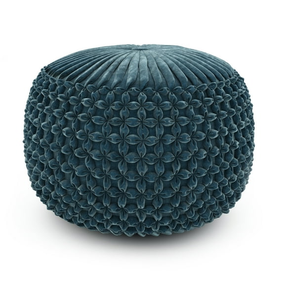 Simpli Home Renee 20 inch Wide Boho Round Pouf in Teal Velvet