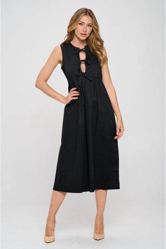 Renee C. Cutout Cotton Sleeveless Round Neck Front Tie Midi Dress - Rosa Apparel