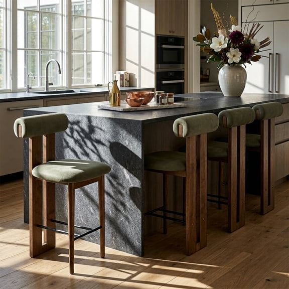 Renee Indoor Modern Split-Back Rubber Wood Counter Stool with Green Upholstery, Dark Walnut Finish, Set of 4