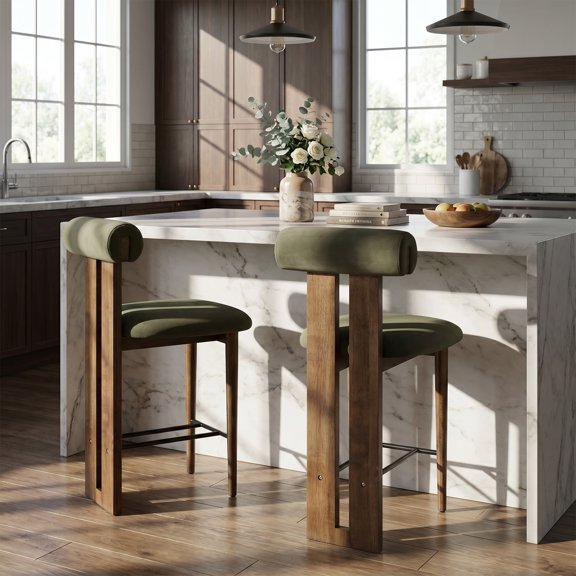 Renee Indoor Modern Split-Back Rubber Wood Counter Stool with Green Upholstery, Fabric, Walnut