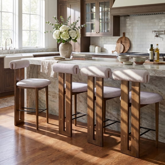 Renee Indoor Modern Split-Back Rubber Wood Counter Stool with Ivory Upholstery, Fabric, Walnut