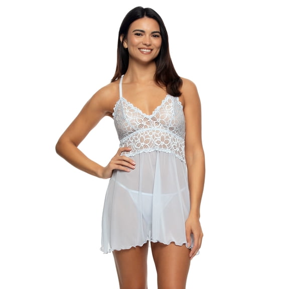 Renee Lace and Mesh Babydoll Lingerie Set (Something Blue, Large)