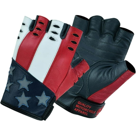 Renegade Classic Goatskin Leather Motorcycle Gloves for Men Fingerless Biker Gloves with American Flag and Reflective Star Design