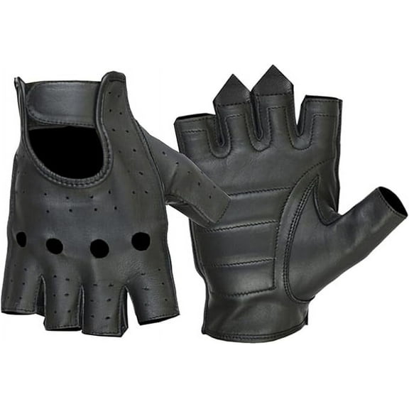 Renegade Classic Men’s Fingerless Motorcycle Gloves – Black Leather Riding Gloves with Foam Padding, Wrist Strap – Naked Goatskin Biker Gear for Driving, Cruiser, Sport, Outdoor Use