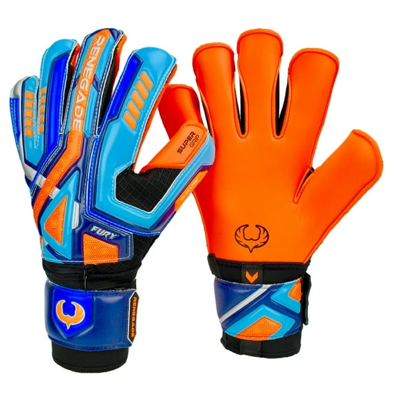 Renegade GK Fury Siege Goalie Gloves with Pro-Tek Finger Spines | 4mm Giga Grip & 4mm Duratek | Orange, Blue, Black Soccer Goalkeeper Gloves (Size 6, Youth, Roll Hybrid Cut, Level 4)