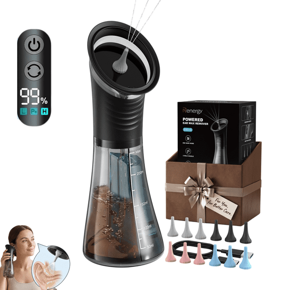 Renergy Electric Ear Cleaning Kit with LED Display, Dual Clean Waste Tank, Ear Wax Irrigation Flusher, 3 Pressure Modes, 12 Nozzles, IP67 Waterproof