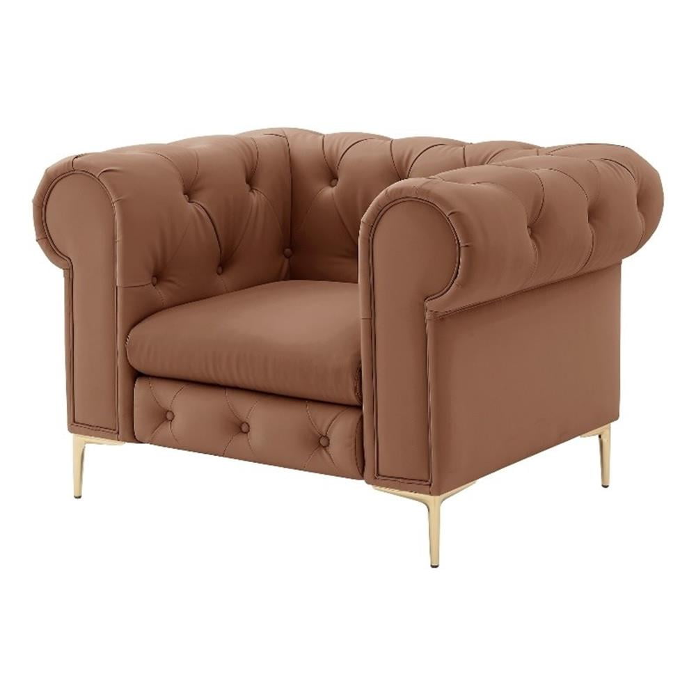 Camel Leather Chesterfield Accent Chair with Button Tufting and Y-Legs
