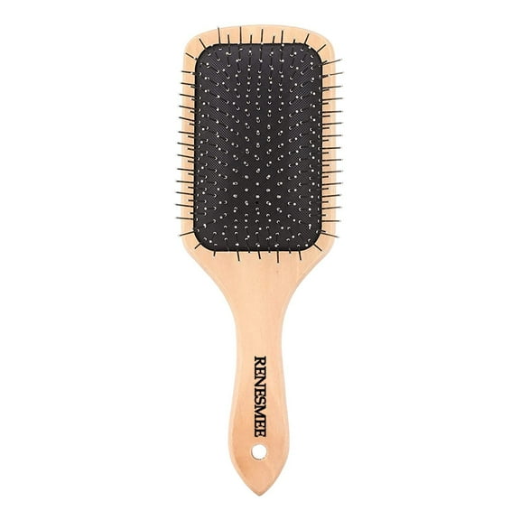 Renesmee Metal Pin Bristle Hair Brush - Detangling, Anti-Static Paddle Grooming Tool - Rounded Steel Bristles, Ergonomic Wooden Handle - Scalp Massaging Comb - For Normal, Curly, T