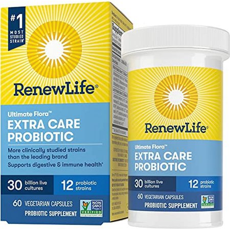 Renew Life Adult Probiotics 30 Billion CFU Guaranteed, 12 Strains, For Men & Women, Shelf Stable, Gluten Dairy & Soy Free, Ultimate Flora Extra Care, 60 Count, Pack of 1