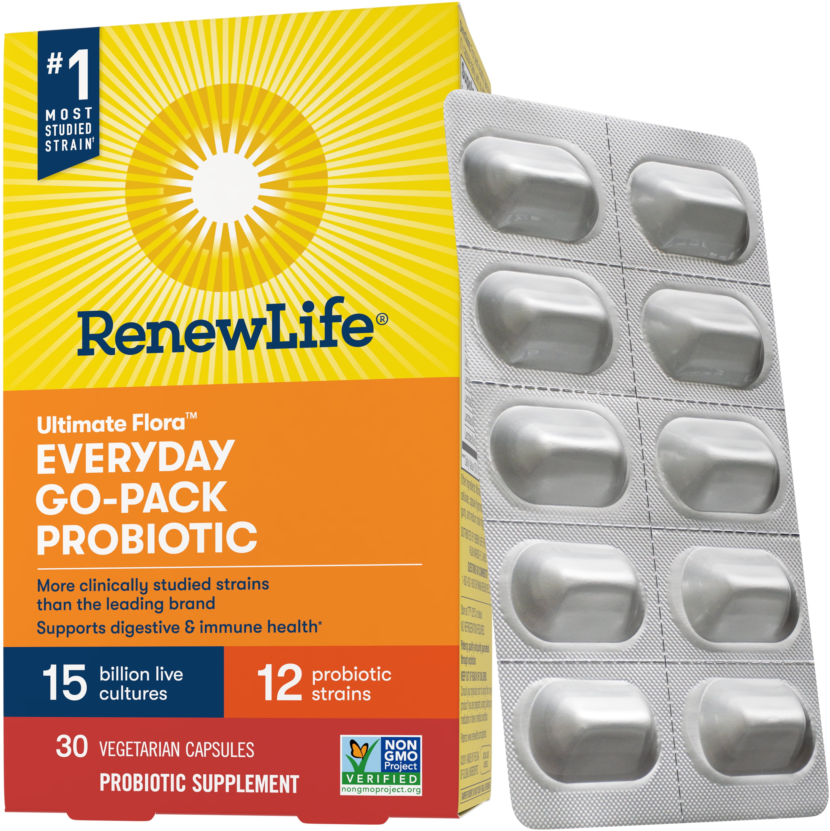 Renew Life Everyday Probiotic Capsules - 15 Billion CFU, 12 Strains For Digestive & Immune Support, Dairy/Soy/Gluten-Free, 30 Count