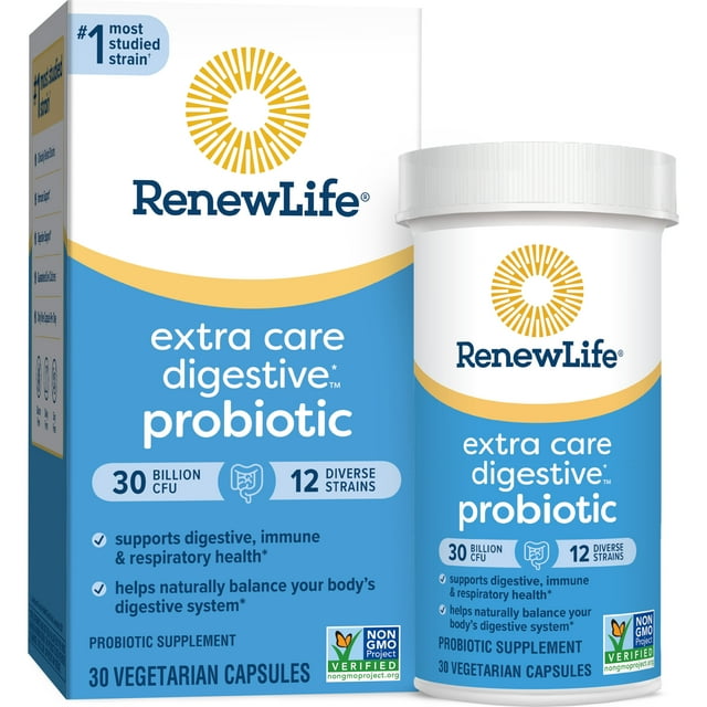 Renew Life Extra Care Digestive Adult Probiotic, Unisex, 30 Billion CFU, 12 Strains, 30 Count